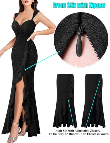 Image of VFSHOW Womens Sweetheart V Neck Twist Front Backless Ruched Ruffle Slit Formal Evening Gown Maxi Long Dress