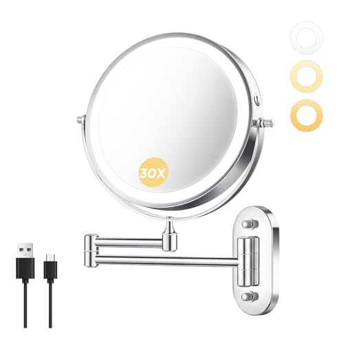 tubbede Wall Mounted Makeup Mirror with Light, 8 Inch 1X/30X Magnifying Mirror, Rechargeable 4000mAh, Double Sided, Extendable Arm, 360° Swivel Bathroom Mirror