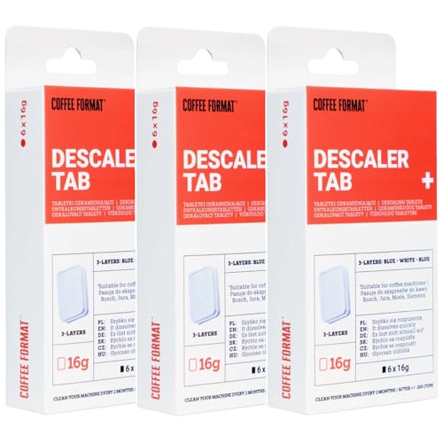 Coffee Format Descaler Tab+ Pastillas descalcificadoras para cafeteras de 16 g, de tres capas, para eliminar la cal en máquinas Jura, Bosch, Miele y Siemens; paquete de 18 unidades
