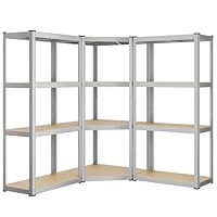 SONGMICS Eckregal-Set 4 Ebenen, Schwerlastregal, Metall, Lagerregal für Garage, Abstellraum, Kellerregal, bis 1500 kg belastbar, silbern-naturbeige GLR056E03