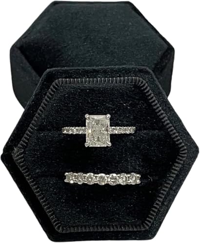 Double Slots Hexagon Velvet Ring Box Vintage Style Storage Box for Engagement Flat Lay & Wedding Ceremony (Black, One size)