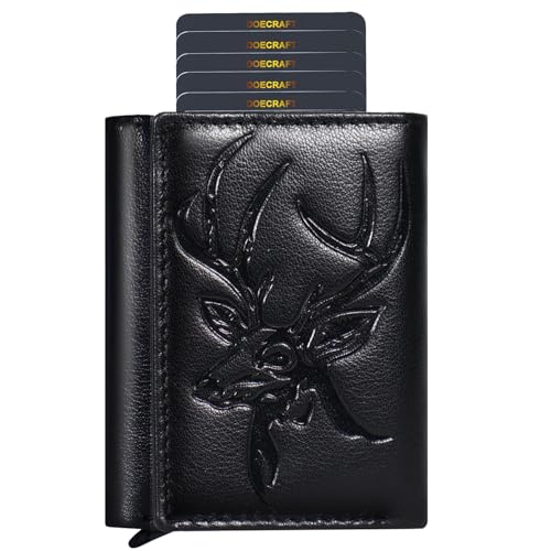 Image of Men's Genuine Leather RFID Wallet | Premium Slim Red Wallet for Men with Deer 3D Print | 8 Card Slots Secure and Durable | Casual Stylish | Formal & Gifting Use, Golden (Black)