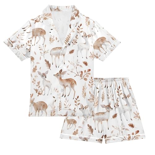 ALAZA Cute Deer Pajamas Satin Pajama Set Short Sleeve Button Down Sleepwear