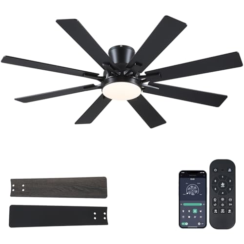 Mpayel Ceiling Fans with Lights, 52 Inch Low Profile Flush Mount Ceiling Fan, Modern Black Ceiling...