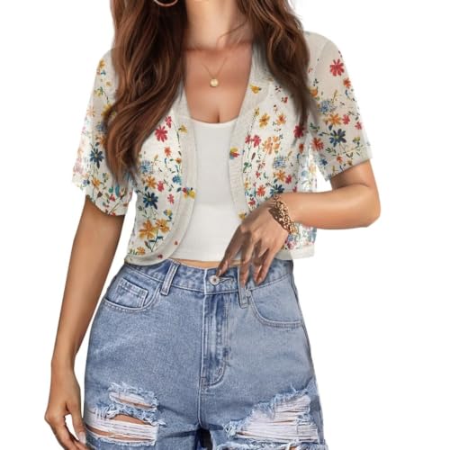 Image of Womens Short Sleeve Cardigans Lightweight Summer Cardigan Trendy Bolero Shrug Cute Floral Cardigan Sheer Bolero