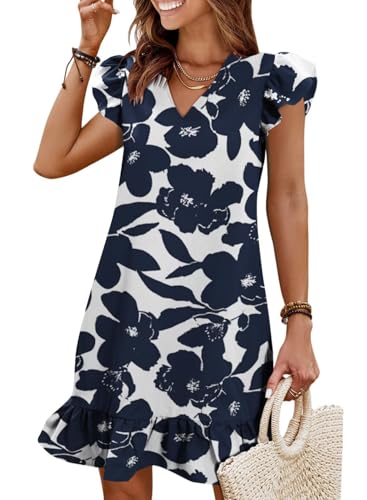 Image of QACOHU Spring Summer Dresses for Women 2026 V Neck Cap Sleeve Ruffle Hem Smock Short Casual Beach Dress