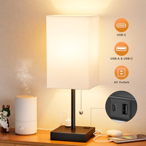 Image of Bedside Lamp for Bedroom - 3 Color Temperatures, USB A+C, 2 AC Outlets | Pull Chain Switch, LED Bulb Included, White Fabric Shade, 17.4 inch Table Lamp for Nightstand, Desk, Living Room, Office