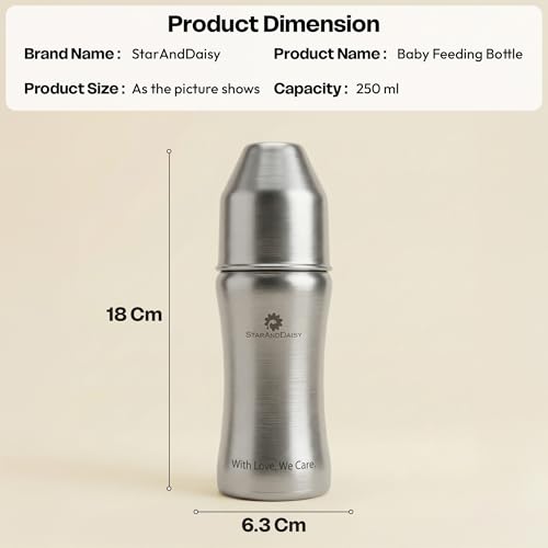 Image of StarAndDaisy Baby Milk Bottle for new Born /Infant /Toddler 250 ML SUS 304 Steel Baby Feeding Bottle for 0+ Months, BPA Free Leakproof, Anti Colic, Easy to Clean (Silver -250ML)