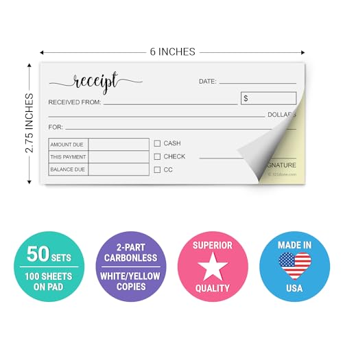 321done receipt book made in usa - 275x6 pocket size 2-part carbonless cute handheld duplicate copy order form for craft boutique business - 50 whiteyellow sets