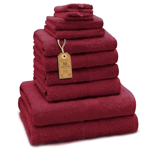 Green Mark Lot de 10 Serviettes 100% Coton – 4 de Main 50×100, 2 de Douche 70×140, 2 d’invités 30×50 et 2 Gants de Bain - Rouge Bordeaux