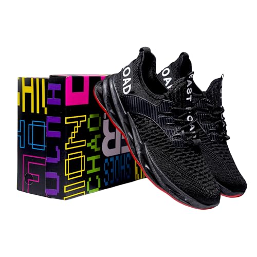 Fast Road Ablaze Runners - Black & Red Athletic Sneakers, Breathable Mesh, PVC Anti-Slip Soles, Cushioned Comfort, Secure Fit for Runners & Gym Enthusiasts US 6.5-122