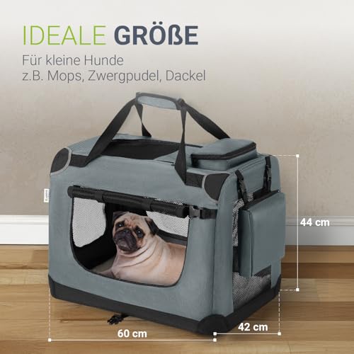 Juskys Hundetransportbox Lassie M faltbar & tragbar 42x60x44 cm mit Decke, Tasche & Griffen - Faltbare Transportbox für Hunde, Katzen & Haustiere - Oxford Stoff Hundebox Auto Hundetasche - Grau