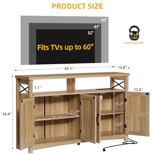 DWVO Farmhouse TV Stand for Living Room, 35.4" Tall Rattan Entertainmenr Center w/2-door Cabinet, Rustic Wood Buffet Cabinets, Boho Media Console Table with LED Lights for 45/50/55/60 Inch TV (Oak)