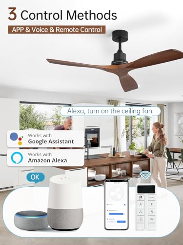 Image of Sofucor 52 Inch Smart Wood Ceiling Fan No Light, Alexa /App /Remote Control | Modern Without Light, 3 Blade, Quiet Reversible DC Motor, 6 Speed, Indoor /Outdoor /Bedroom /Living Room /Farmhouse /Patio, Brown