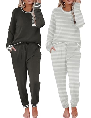 Image of Ekouaer 2 Pack Womens Pajama Sets Long Sleeve Lounge Sets Soft Pj Sleepwear Loungewear