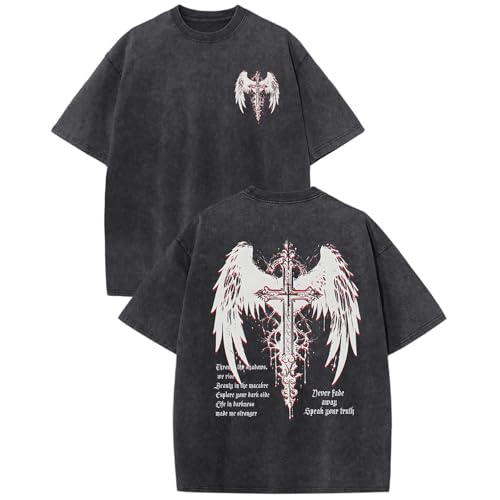Hiehiety Boys Grunge Gothic Shirts Goth Cross Graphic T Shirt Kids Punk Vintage Oversized Acid Wash Streetwear Y2k Tees Tops(Black,13-14 Years)