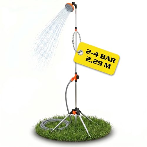 Hecht Mobile Gartendusche für Garten, Pool & Camping – Außendusche mit Gartenschlauch, 1,72–2,29 m höhenverstellbar, 180° schwenkbar, Dreibein-Stand mit Erdspieß
