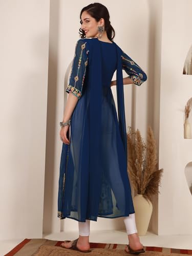 Image of EthnicJunction Women's Georgette Embroidered and Sequence Work Naira Cut Kurta and Dupatta Set