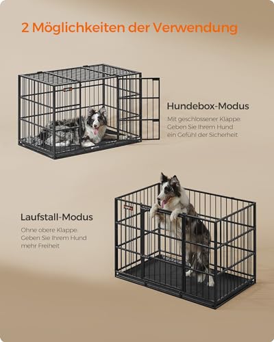 Feandrea Hundekäfig hochbelastbar, Hundebox, 107 x 70 x 75 cm, für mittelgroße und große Hunde, mit herausnehmbarer Bodenschale, Doppeltüren, leicht zu reinigen, Haustierkäfig, tintenschwarz PPD005B01