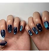 Sun&Beam Nails Handgefertigte Kunstnägel – Lange Mandelform In Blau/Weiß/Gold Mit Magnetischem Blumen-Design, Inkl. Klebepads, 10 Stück