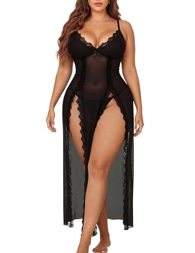 Image of Alrovetoney Plus Size Lingerie For Women Babydoll Sexy Mesh Maxi Nightdress Exotic Sleepwear Side Slits