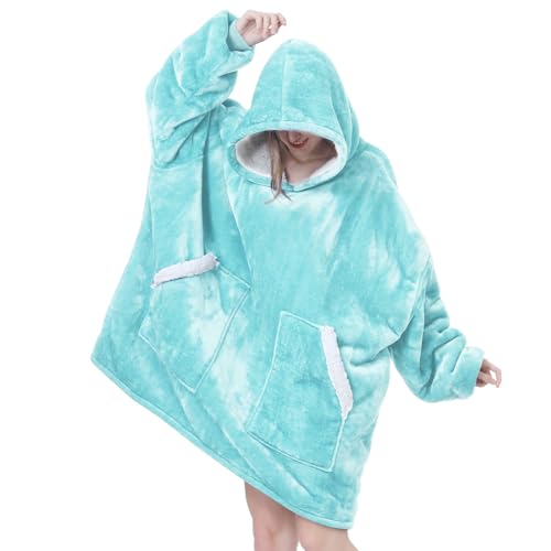 Kipswiza Oversized Wearable Blanket Hoodie Gifts for Mom Women Men, Super Soft Sherpa Fleece Hooded Blankets Sweatshirt for Adult Teens - Aqua