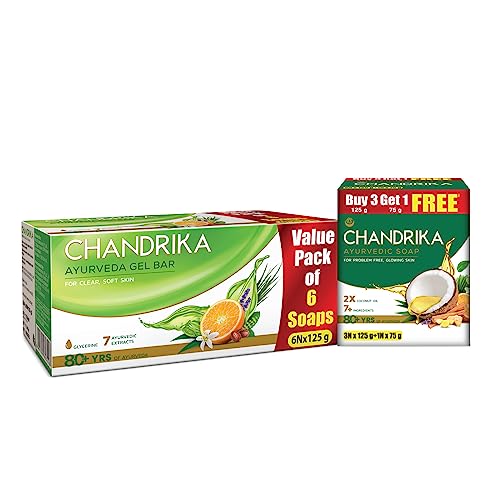 Chandrika Glycerine Soap Pack Of 6, 125g Each & Ayurvedic Handmade Soap, 125g (Pack Of 3) With Free 75g