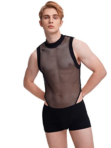 WDIRARA Men's Fishnet Mesh Mock Neck Tank Tops Sleeveless Tee Tops Bodysuit4