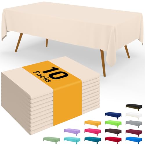 Image of Smiry Disposable Table Cloth - 10 Pack, 54 x 108 Inch Waterproof Rectangle Tablecloths for Parties, Decorative Plastic Table Cover, Leakproof & Sturdy, Ivory
