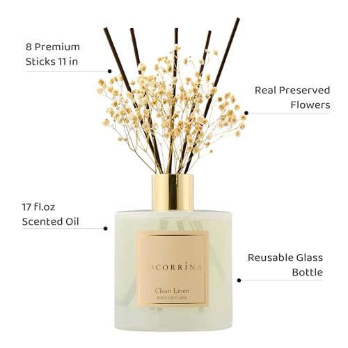 Image of COCORRINA Reed Diffuser - Clean Linen 17 Fl.oz Reed Diffuser with 8 Sticks Scented Diffuser with Preserved Flowers for Bathroom Home Decor