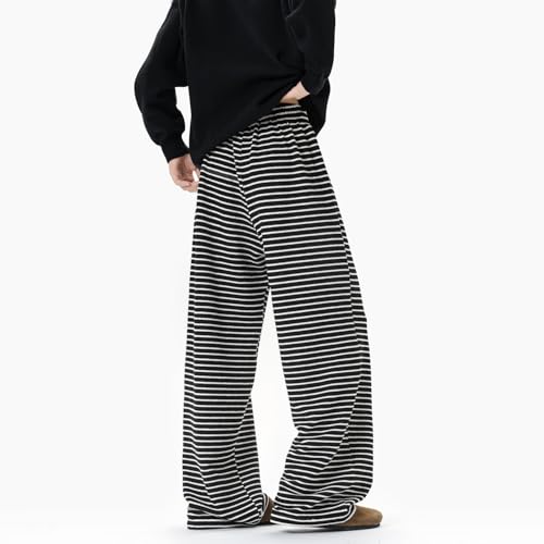 Seidarise Men's Black - and - White Striped Wide - Leg Pants, Drawstring Waist, Comfortable & Versatile for Casual Wear2