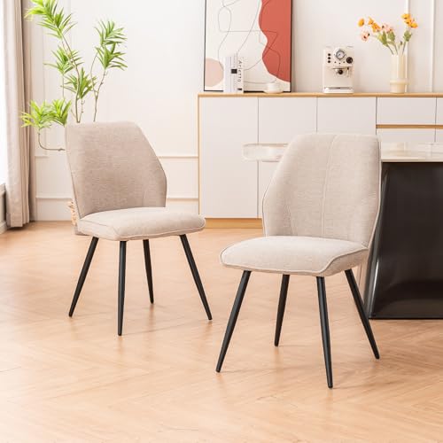 Image of Rowill Dining Chairs Set of 2, Modern Upholstered Kitchen Chairs with Back, Metal Legs, Mid-Century Armless Dining Table Chairs for Dining, Kitchen Room, Cafeteria, and Living Room, Linen, Cream