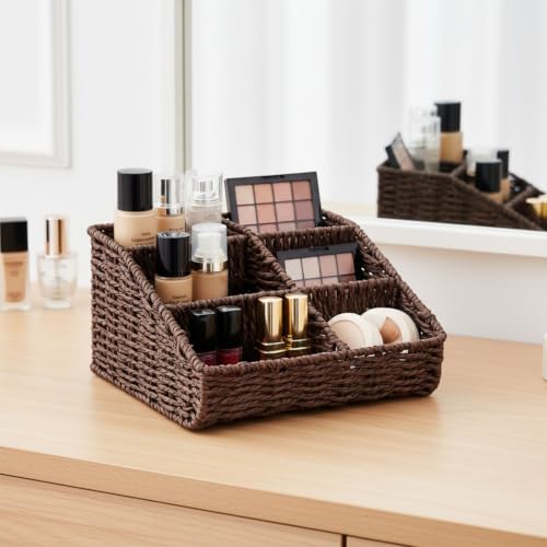 Image of Makeup Organizer, Hand-woven Wicker Basket for Dresser Vanity and Bathroom Countertop, 6 Compartment Skincare Organizer Cosmetic Display Case, Beauty Holder for Lipstick Brush Eyeshadow - Brown