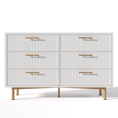 IANIYA Chest of Drawers, 6 Drawer Chest of Drawers in White, Modern Luxe Style with Metal Base & Gold Handles, Particle Board Construction, Elegant Storage Solution (6 drawers)