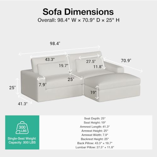Image of Novilla 98 inch Deep Seat Modular Sectional Sofa, Removable Washable Covers, L Shape Cloud Couch with Lumbar Pillows, Chenille Boneless Sectional Couch Beige, No Assembly Required
