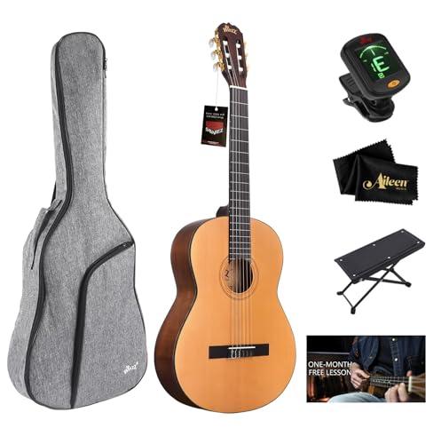 WINZZ 4/4 Solid Classical Guitar, 39 Inch Full Size Nylon String Guitar for Beginner Adults, Full Classic Guitar Kit with Free Lessons, Gig Bag, Footstool and Tuner (Hand Rubbed Natural)
