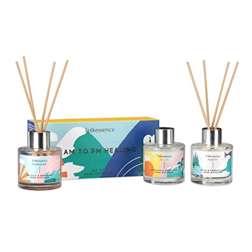 Folkulture Reed Diffuser Set Of 3 With Sticks For Home, 5.1 Fl Oz - Essential Oil Diffuser With Reed Sticks, Organic Reed Diffuser - Lavender Chamomile, Cranberry, Lotus & Freesia Lily (Am To Pm) #TOP8