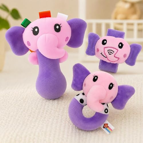 Image of Toyshine Pack of 3 Cute Animal Face Baby Hand Rattles Safe Lightweight and Easy to Hold Soft Stuffed Handy Rattles for Babies Infant Toddlers 6-12 Months - Elephant