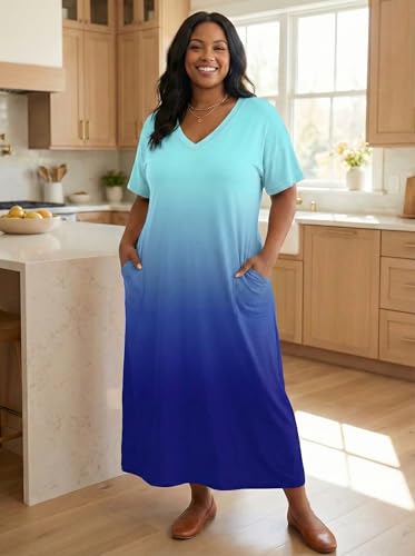 Image of SUZONANA Women Casual T-Shirt Dress V Neck Short Sleeve Solid Color Oversize Dress with Front Two Pockets
