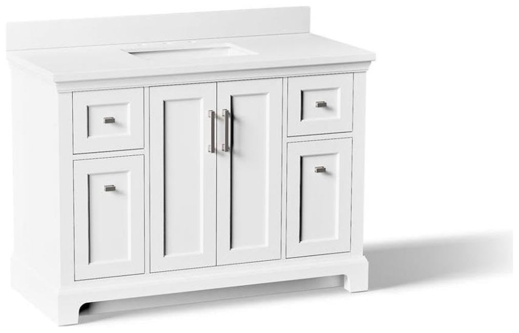 Kohler Charlemont 48 inch bathroom vanity cabinet with white sink and quartz top
