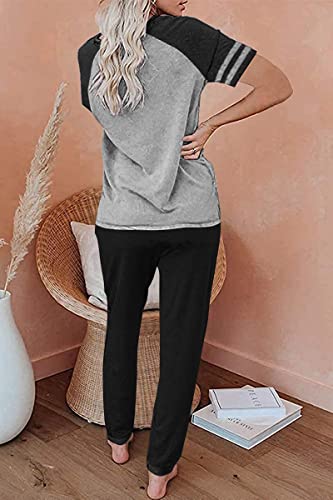Image of PRETTYGARDEN Women Summer Two Piece Outfits Striped Short Sleeve Pullover and Long Pants Tracksuit Travel Pajama Lounge Set