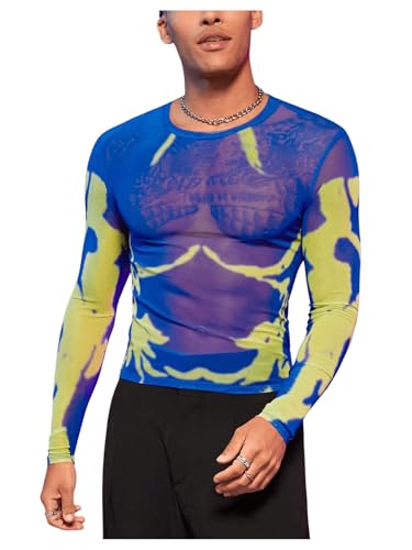 WDIRARA Men's Mesh Shirts Long Sleeve Rave See Through Tee Crewneck Party Club Wear Top