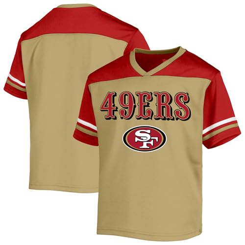 NFL Kids Youth 8-20 Officially Licensed Team Color V-Neck Wordmark Performance Primary Logo Jersey T-Shirt (San Francisco 49ers Gold, 14-16)