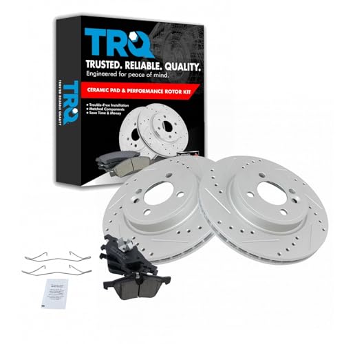 TRQ Front Brake Pad and Rotor Set Ceramic G Coated Drilled Slotted Rotors Compatible with 2002-2006 Mini Cooper
