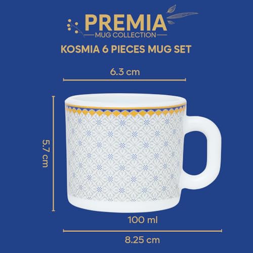 Image of Larah by BOROSIL 100ml x 6pc Opalware Kosmia Tea /Coffee Mug Set, Microwave & Dishwasher Safe Embossed Design Crockery Set Ideal for Daily Use & Gifting