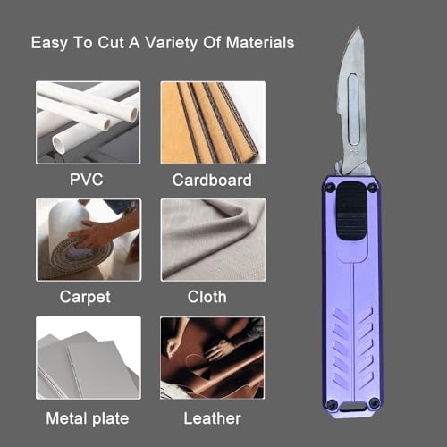 Automatic Utility Knife, Safety Black Box Cutter Retractable, EDC Push Button Knife, Exacto Scalpel Knife, 10PCS #23 Razor Blades Pocket Knife with Clip (Purple)