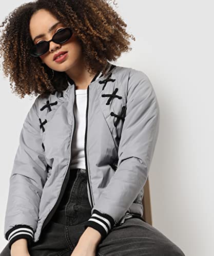 Image of PINACOLADA Women's Grey Puffer Regular Fit Bomber Jacket For Winter Wear | Low-Cut Standing Collar | Full Sleeve | Zipper | Casual Jacket For Woman & Girl | Western Stylish Jacket For Women