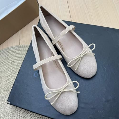 Image of TN TANGNEST Women's Mary Jane Flats Bow Ballet Shoes | Round Toe Flats with Buckle Strap Dressy Comfortable Faux Suede Flats