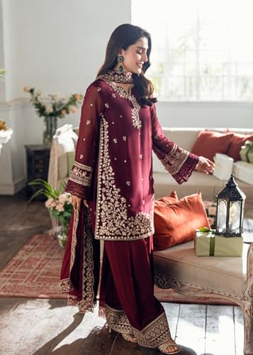 Image of Women's French Crepe Kurta Set with Organza Dupatta | Floral Thread Embroidered Ethnic Suit Set | Straight Kurta Pant Set Round Neck Festive Indian Wear