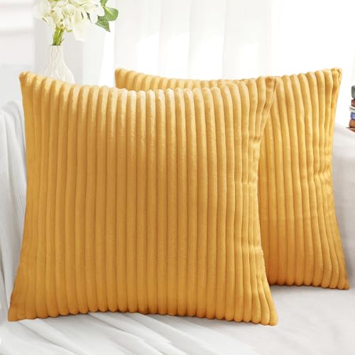 Simmore Decorative Throw Pillow Covers 18x18 Set of 2, Soft Natural Plush Flannel Double-Sided Fluffy Couch Pillow Covers for Sofa Living Room, Mustard Yellow by Simmore - Used condition - US$21.87